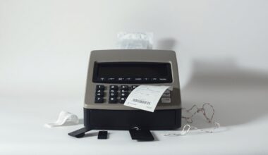 A minimalist studio still life photograph featuring a closed cash register, a crumpled receipt, and a few scattered clothing tags in muted tones, symbolizing the disruption and changes in the retail industry.