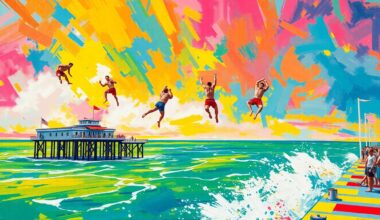 A vibrant, expressionist painting depicting the dynamic movements and raw energy of elite cliff divers leaping off a pier, with splashes of neon colors and rapid brushstrokes capturing the thrill of the sport.