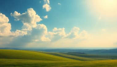 A sweeping, atmospheric landscape painting in muted greens, blues, and golds, capturing the sublime scale and tranquil beauty of a perfect spring day in Tallahassee.