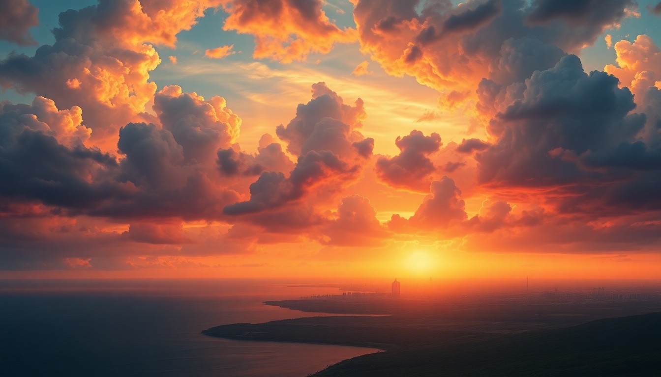 A sweeping, atmospheric landscape painting depicting a dramatic sunrise over the waters of Tampa Bay, with the city