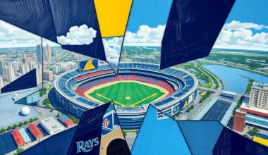 A fractured, geometric painting in the style of Pablo Picasso, depicting a baseball stadium and surrounding cityscape broken down into sharp, overlapping planes of navy blue, powder blue, and yellow, capturing the multifaceted nature of the Rays