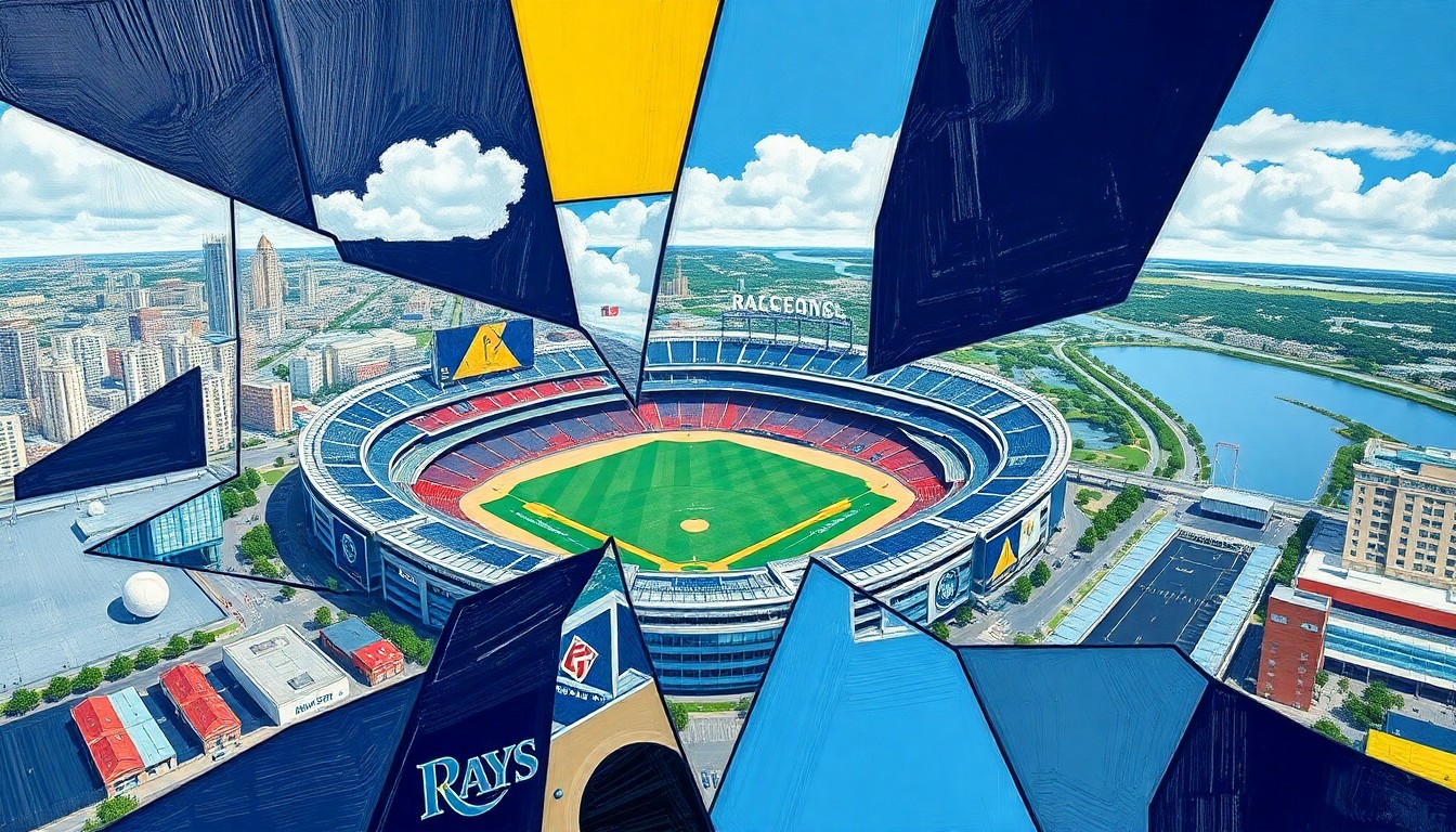 A fractured, geometric painting in the style of Pablo Picasso, depicting a baseball stadium and surrounding cityscape broken down into sharp, overlapping planes of navy blue, powder blue, and yellow, capturing the multifaceted nature of the Rays