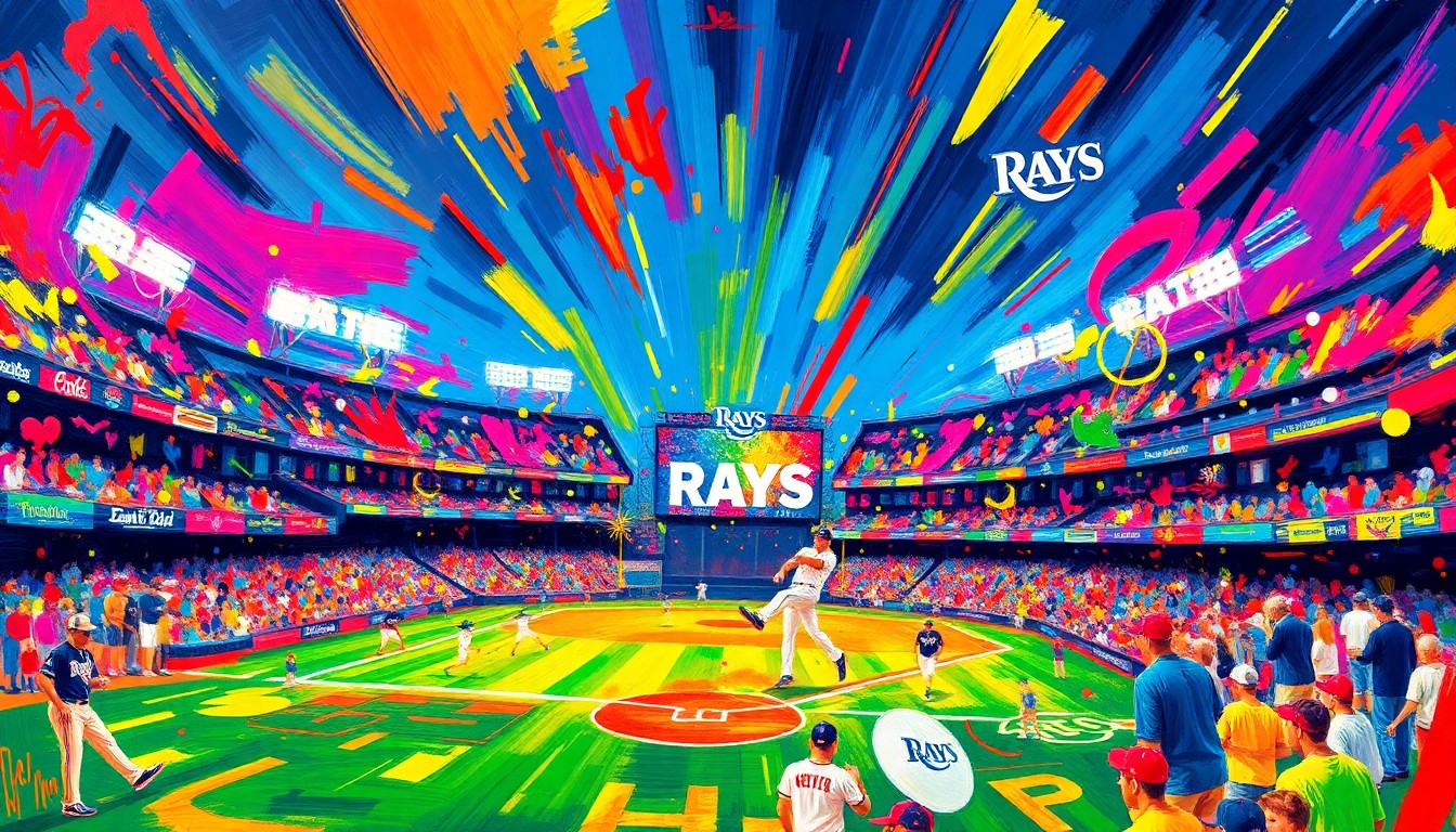 An abstract, expressionist painting in vibrant neon colors, capturing the energy and excitement of the Rays