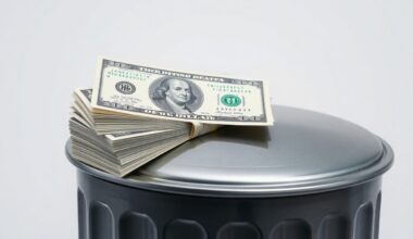 A photorealistic studio still life featuring a stack of crisp dollar bills and a shiny metal trash can lid, symbolizing the financial settlement between a city and its former waste management provider.