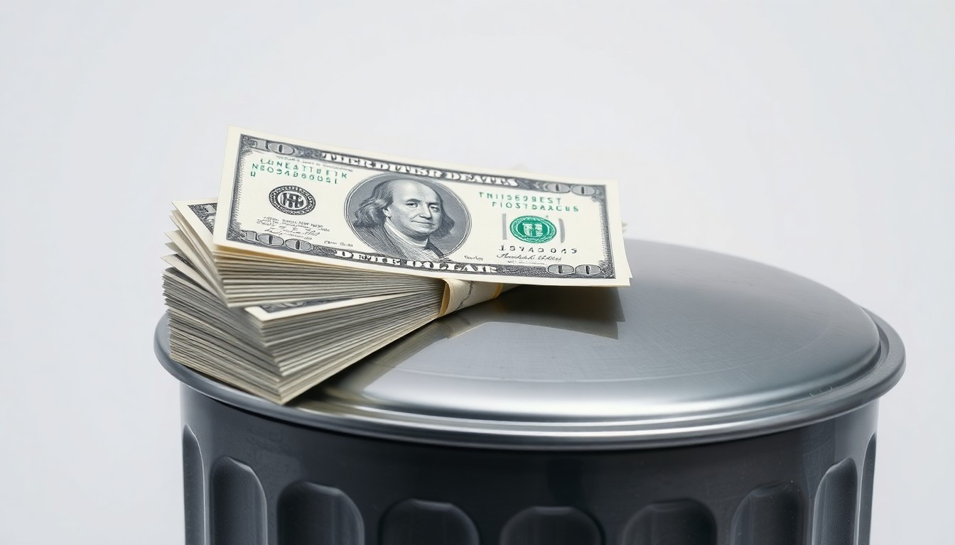A photorealistic studio still life featuring a stack of crisp dollar bills and a shiny metal trash can lid, symbolizing the financial settlement between a city and its former waste management provider.