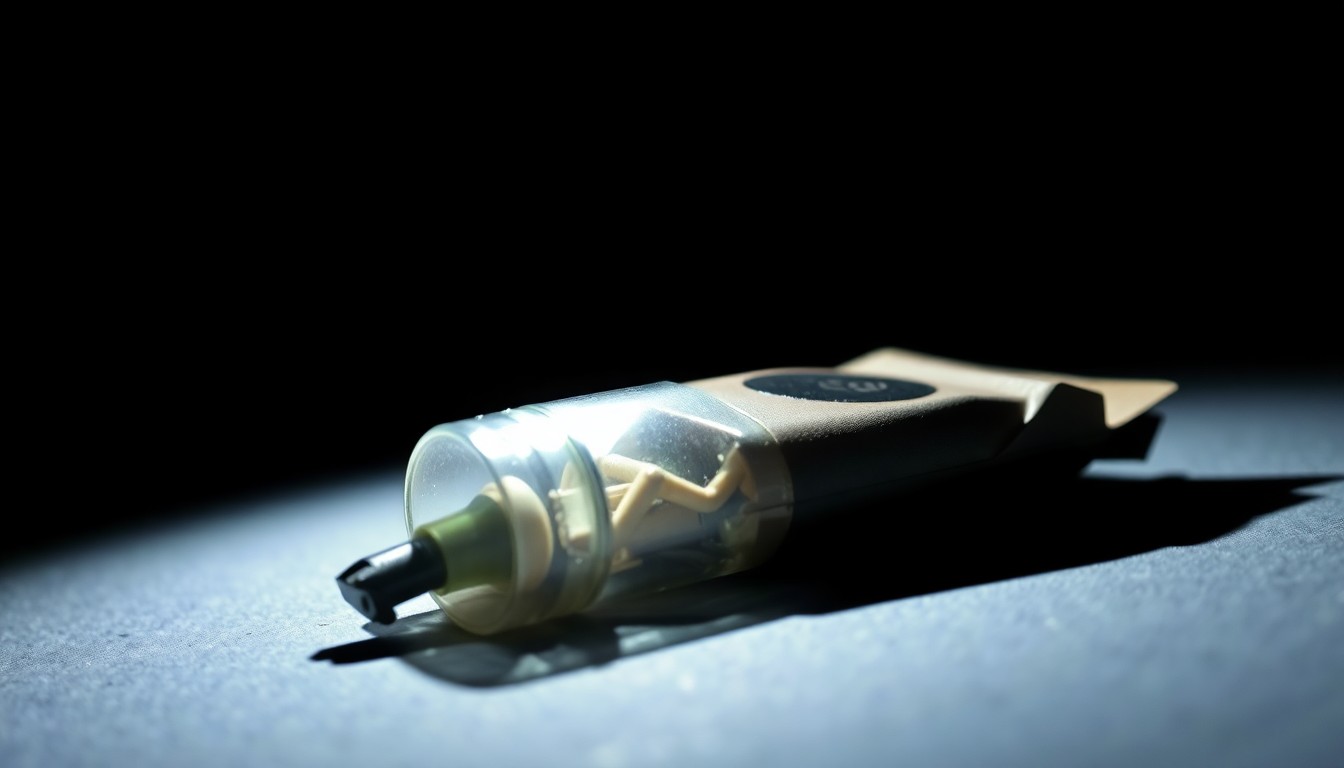 An extreme close-up photograph of a personal item or piece of evidence from the crime scene, such as a wallet or a set of keys, lit by a harsh, direct camera flash against a pitch-black background, creating a stark, gritty, investigative aesthetic.