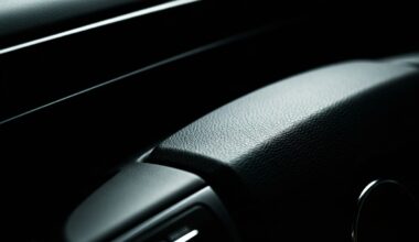 An extreme close-up photograph of the pebbled leather surface of an automotive steering wheel, captured in dramatic lighting that highlights the intricate texture and materiality.