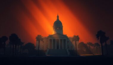 A serene, cinematic painting of a solitary state capitol building in warm tones, conveying a sense of quiet tension and uncertainty about the future of the city