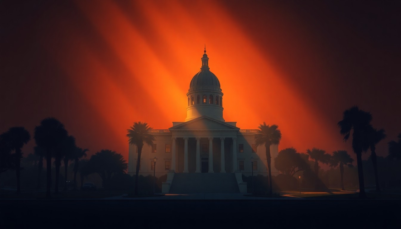 A serene, cinematic painting of a solitary state capitol building in warm tones, conveying a sense of quiet tension and uncertainty about the future of the city