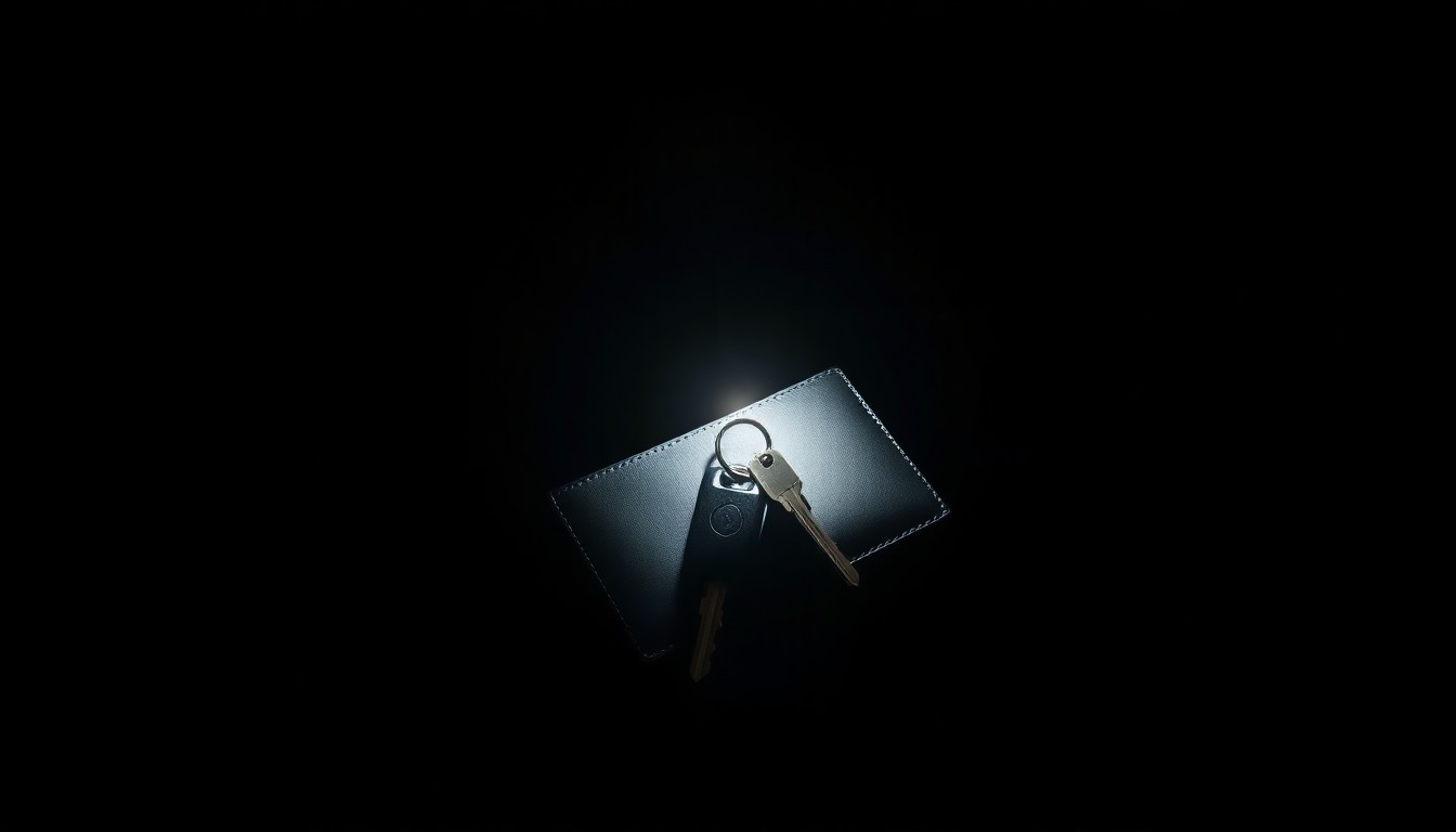 An extreme close-up photograph of a personal item belonging to Alexander Joseph Solma, such as his wallet or keys, lit by a harsh, direct camera flash against a pitch-black background, conceptually illustrating the investigation into his disappearance and death.