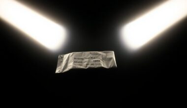 An extreme close-up photograph of a personal item, such as a wallet or keys, lit by a harsh, direct camera flash against a pitch-black background, conceptually representing the investigation into the missing person case.