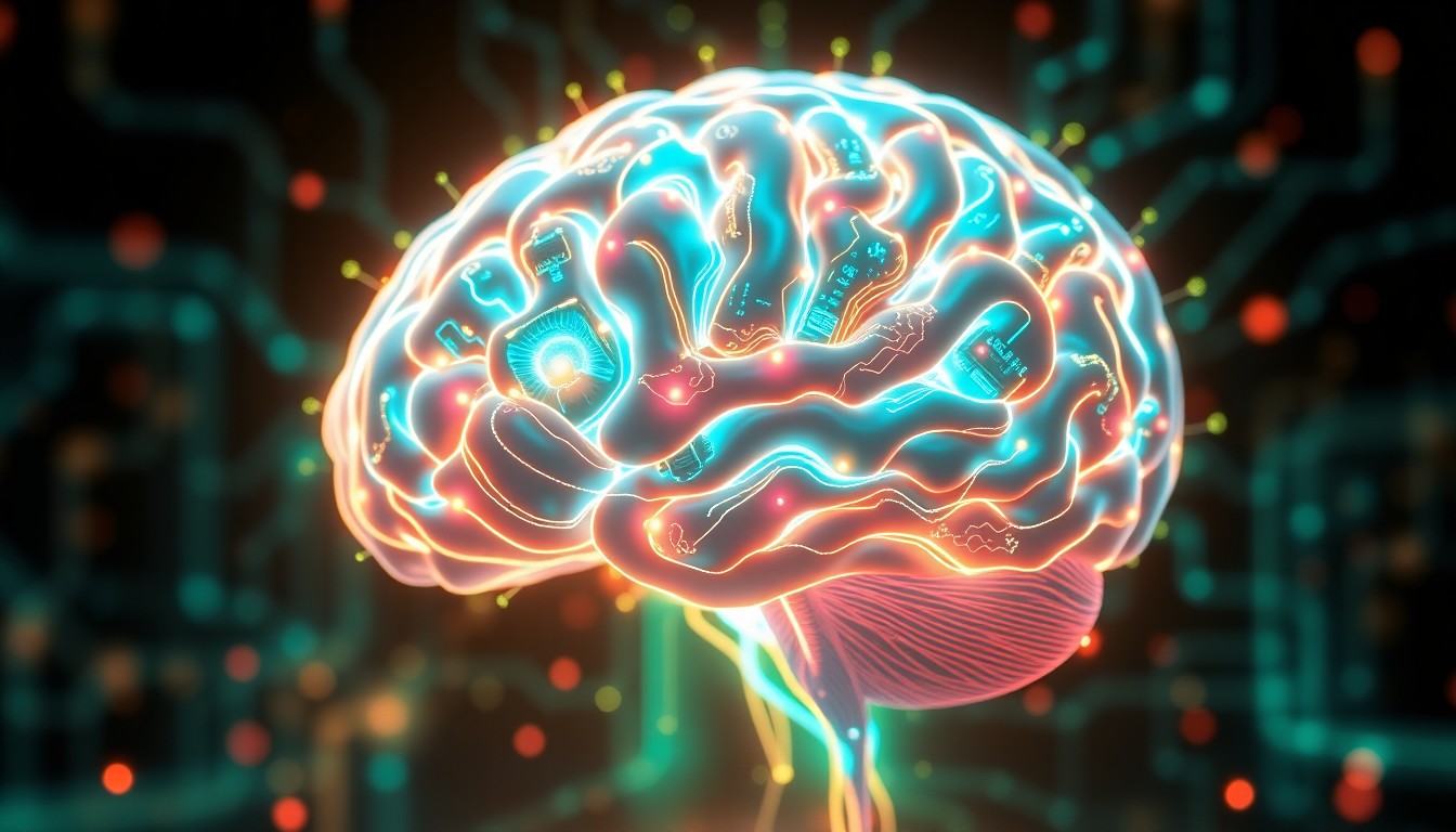 A highly detailed, glowing 3D illustration of a human brain with pulsing neon circuits and data streams, conceptually representing the inner workings of an advanced AI system.