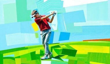 A cubist-style painting depicting a young golfer
