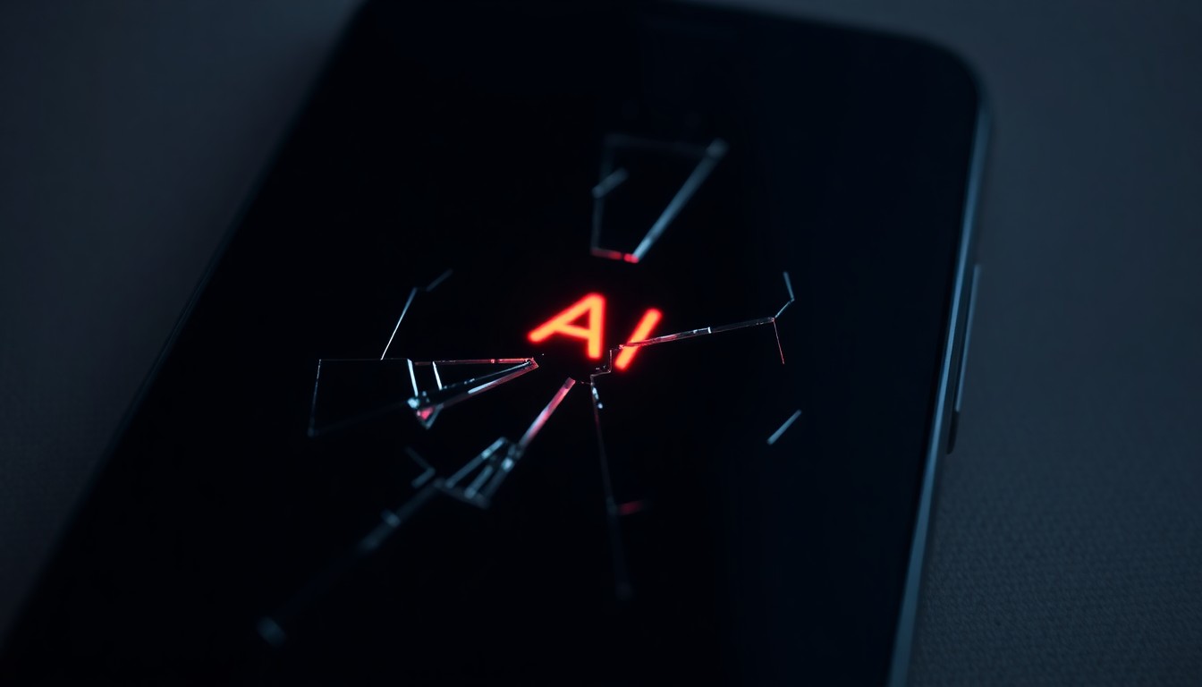 An extreme close-up photograph of a shattered smartphone screen reflecting a faint, red digital glow, conceptually representing the potential misuse of AI technology.