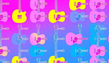 A bold, abstract silkscreen illustration of a country music guitar icon repeated in a grid, using a high-contrast neon color palette to conceptually represent the tension between a music festival and environmental protection.