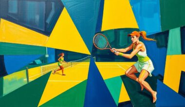 A fragmented, geometric painting in navy, green, and yellow hues, depicting the dynamic movements and competitive energy of a women
