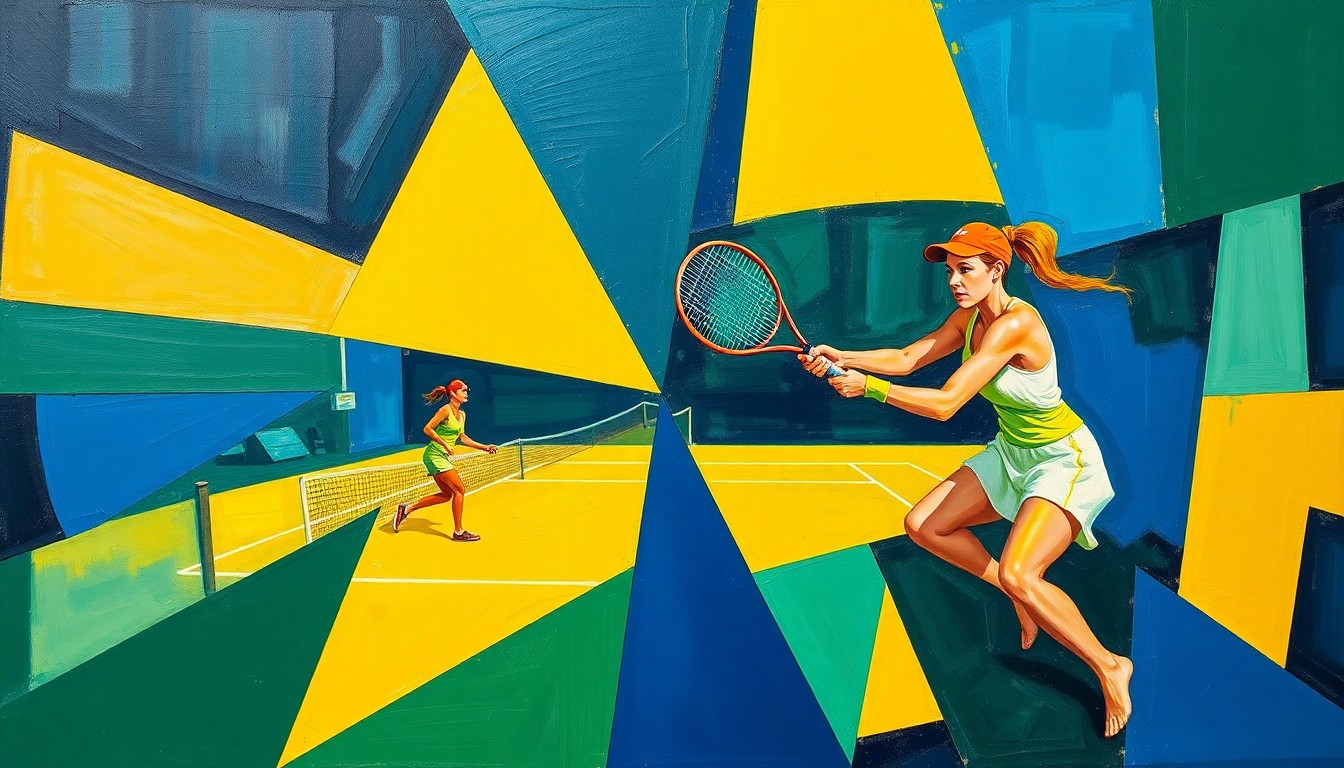 A fragmented, geometric painting in navy, green, and yellow hues, depicting the dynamic movements and competitive energy of a women