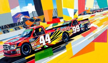 A fractured, cubist-style painting depicting the NASCAR Craftsman Truck Series race in St. Petersburg, with the vibrant colors of the Ford race trucks colliding and intertwining on the street course.