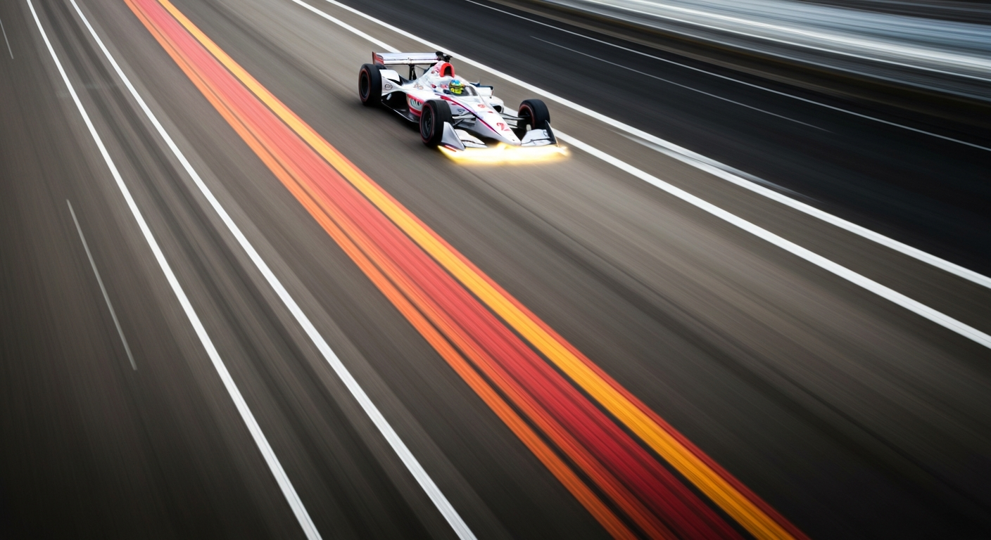 An abstract, blurred image of an INDYCAR vehicle in motion, with vibrant streaks of color representing the speed and energy of the sport.