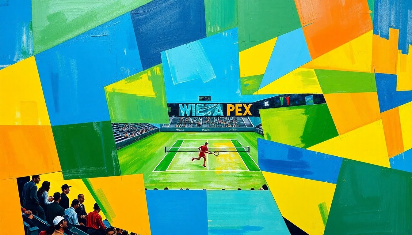 A fragmented, geometric painting in bold colors depicting the dynamic movements and perspectives of a men
