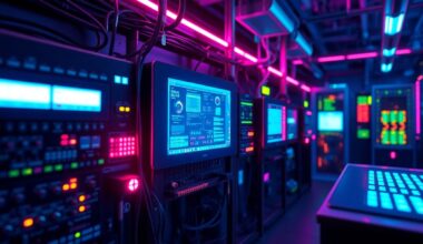 A glowing, illuminated 3D illustration of industrial automation hardware and control systems, representing Nodeblue