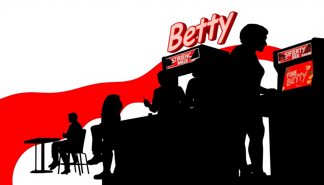 A minimalist, abstract illustration featuring bold, jagged black silhouettes of retro arcade game cabinets and neon-like red and white geometric shapes, conceptually representing the retro gaming atmosphere of the renovated Fire Betty