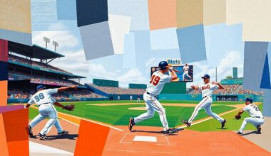 A cubist-style painting depicting a Mets spring training baseball game, with the players and field broken down into sharp, overlapping geometric shapes and planes, capturing the dynamic energy and movement of the game.