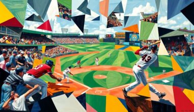 A fragmented, geometric painting in the style of Pablo Picasso, depicting the motion and action of a college baseball game through overlapping planes of color and shape, without any recognizable figures or text.