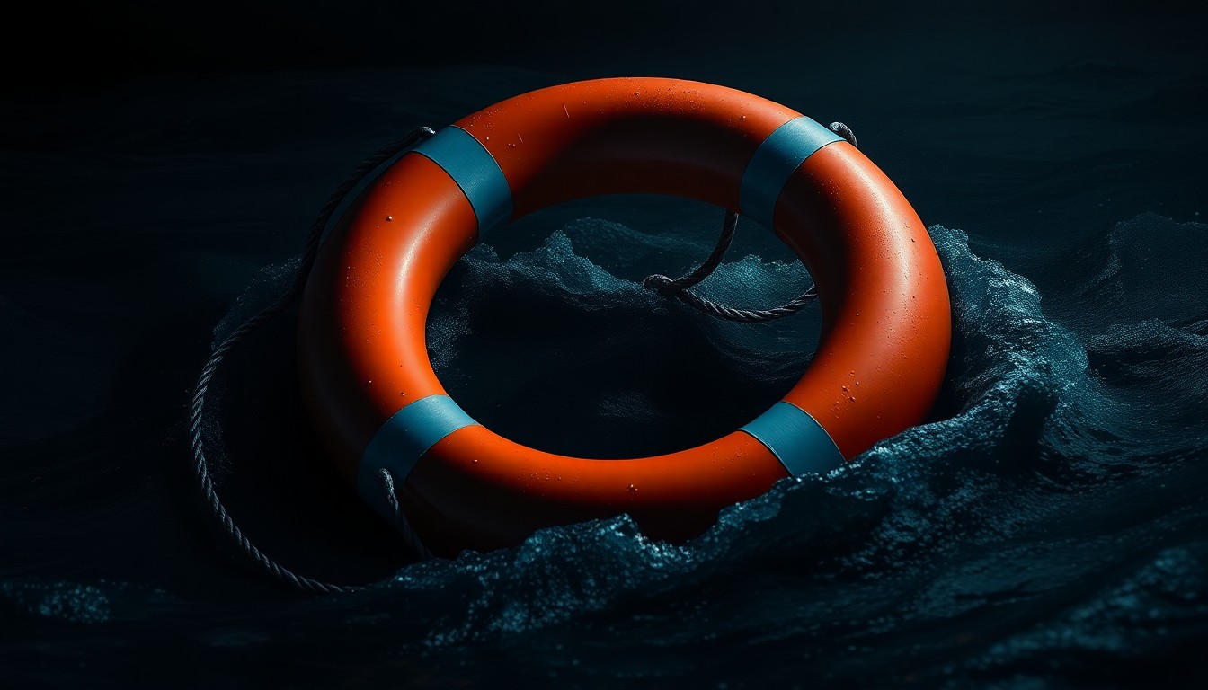 An extreme close-up photograph of a bright orange life preserver ring floating in dark, choppy waters, the harsh flash illuminating the textured surface of the ring against the inky blackness of the background, conveying a sense of urgency and peril.