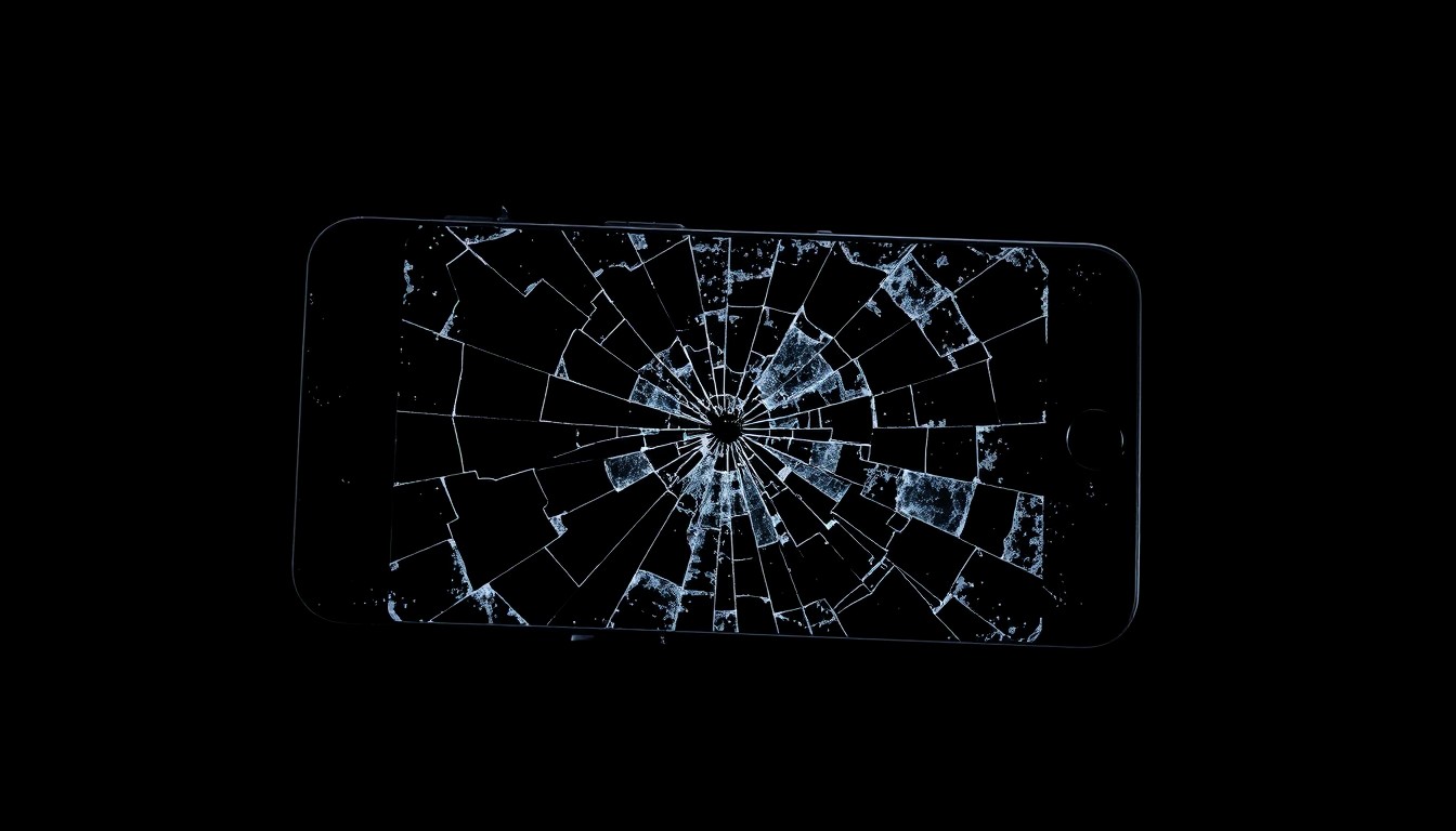 An extreme close-up photograph of a shattered cell phone screen, reflecting a faint glow against a dark background, conceptually representing the aftermath of a violent incident.