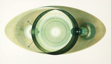 A highly structured abstract painting in earthy tones of green, blue, and brown, featuring sweeping geometric arcs, concentric circles, and precise spirals, conceptually representing the complex scientific principles and innovations behind new flexible X-ray materials.