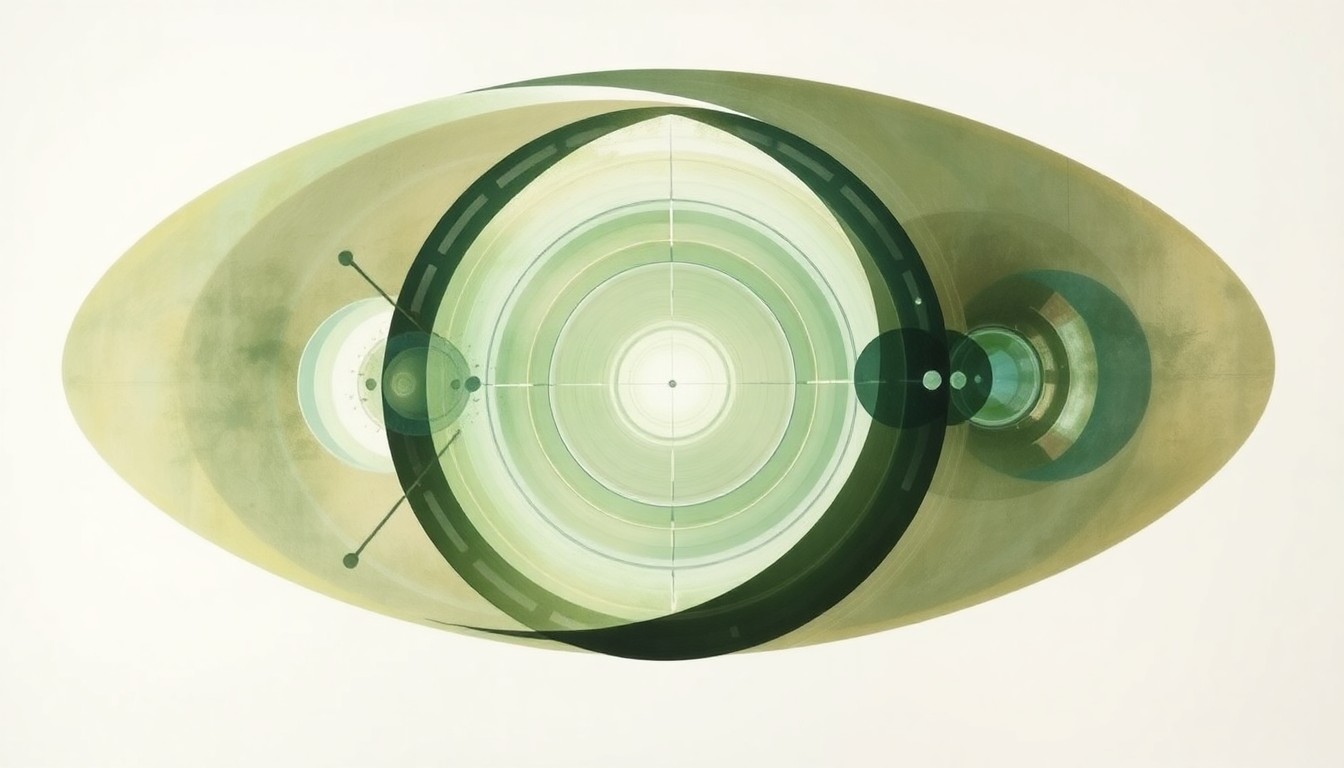 A highly structured abstract painting in earthy tones of green, blue, and brown, featuring sweeping geometric arcs, concentric circles, and precise spirals, conceptually representing the complex scientific principles and innovations behind new flexible X-ray materials.