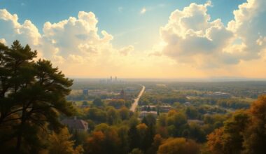 A vast, majestic landscape painting in muted greens, blues, and golds, depicting the sweeping scale of a sunny spring day in Tallahassee, with the city