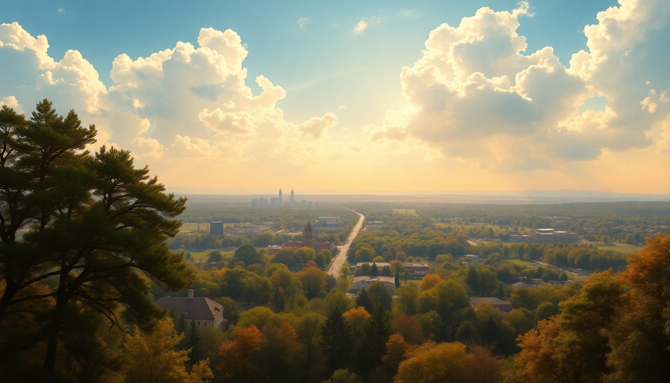 A vast, majestic landscape painting in muted greens, blues, and golds, depicting the sweeping scale of a sunny spring day in Tallahassee, with the city