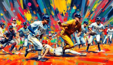An abstract expressionist painting in vibrant neon colors, capturing the frenetic energy and movement of a baseball game, with players