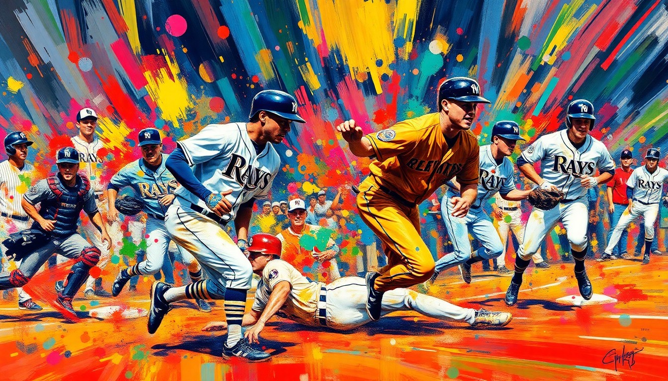 An abstract expressionist painting in vibrant neon colors, capturing the frenetic energy and movement of a baseball game, with players