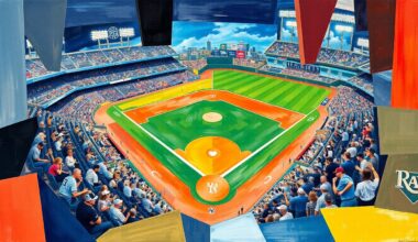 A cubist, geometric painting depicting a baseball game between the New York Yankees and Tampa Bay Rays, with the players and field broken down into sharp, overlapping shapes and planes, conveying the intensity and unpredictability of the matchup.
