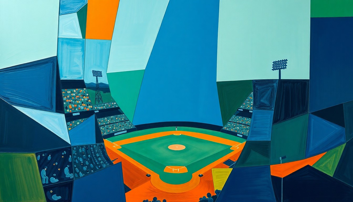 A cubist-style painting depicting a baseball game broken down into sharp, overlapping geometric shapes and planes of navy, green, and orange, capturing the tension and drama of the Yankees