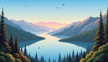 A highly stylized, geometric illustration depicting the sweeping, panoramic views of Lake Talquin surrounded by forested ridges, capturing the grand scale and natural beauty of the state park.