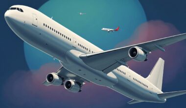 A bold, geometric illustration depicting a towering commercial airliner against a backdrop of smooth, airbrushed gradients, capturing the grand scale and technical complexity of air travel.
