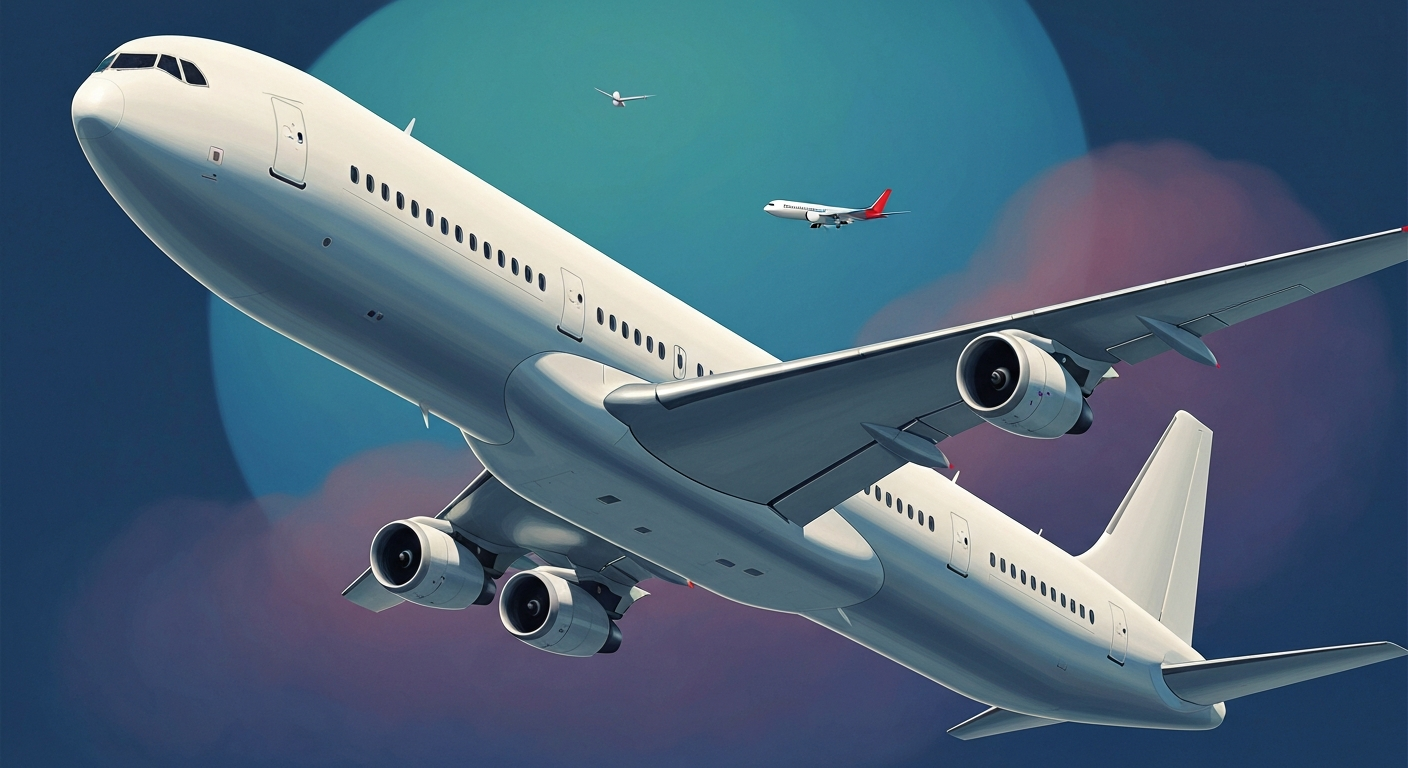 A bold, geometric illustration depicting a towering commercial airliner against a backdrop of smooth, airbrushed gradients, capturing the grand scale and technical complexity of air travel.