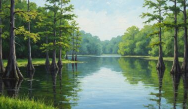 A textured oil painting in the style of Vincent Van Gogh, depicting the serene landscape of Lake Talquin with its calm waters reflecting the surrounding cypress trees and lush greenery, conveying a sense of tranquility and natural beauty.