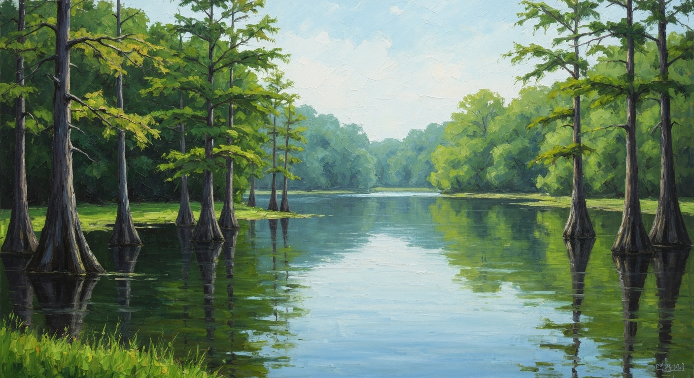A textured oil painting in the style of Vincent Van Gogh, depicting the serene landscape of Lake Talquin with its calm waters reflecting the surrounding cypress trees and lush greenery, conveying a sense of tranquility and natural beauty.
