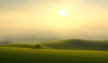 A sweeping, atmospheric landscape painting in muted greens, blues, and golds, depicting a vast, hazy horizon over a rolling field, with a lone tree or small structure dwarfed by the scale of the natural setting.