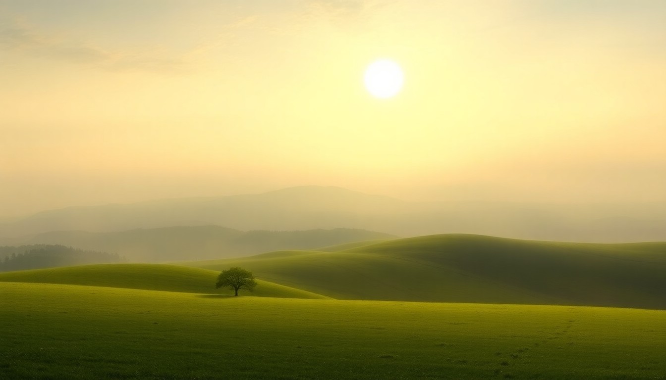 A sweeping, atmospheric landscape painting in muted greens, blues, and golds, depicting a vast, hazy horizon over a rolling field, with a lone tree or small structure dwarfed by the scale of the natural setting.