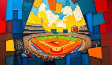 A fragmented, geometric painting in bold primary colors depicting the dynamic action of a baseball game, representing the Mets