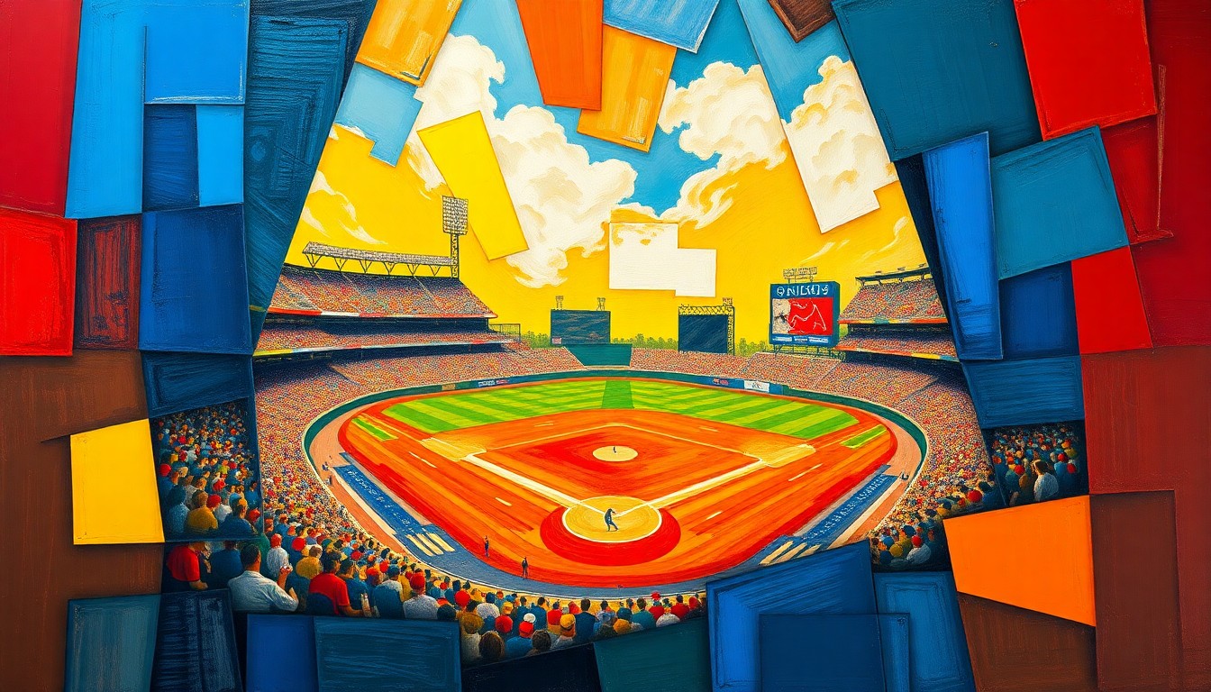 A fragmented, geometric painting in bold primary colors depicting the dynamic action of a baseball game, representing the Mets