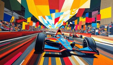 A cubist, geometric painting depicting an INDYCAR race, with sharp, overlapping planes of bright racing colors and dynamic movement, conveying the sport