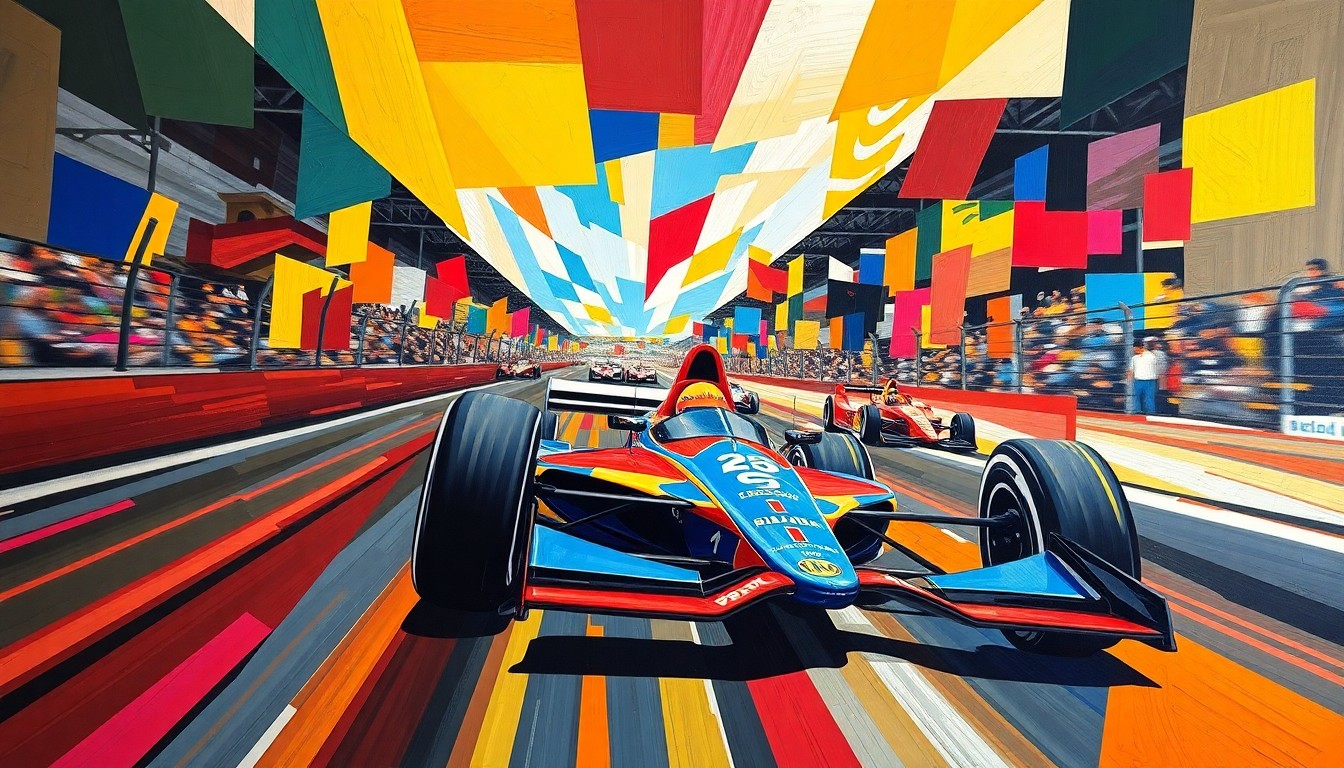 A cubist, geometric painting depicting an INDYCAR race, with sharp, overlapping planes of bright racing colors and dynamic movement, conveying the sport