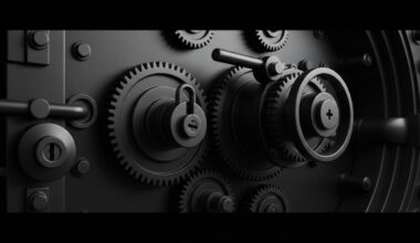An extreme close-up of the complex machinery and mechanisms inside a bank vault, conveying the heavy, industrial nature of financial infrastructure.